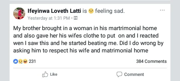  Lady beaten by her married brother after she confronted him for bringing another woman into his martrimonial home