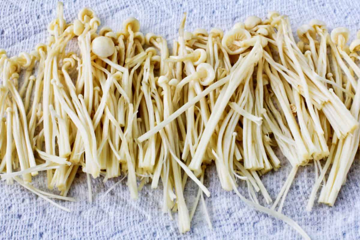 Enoki Mushrooms drying on a paper towel.