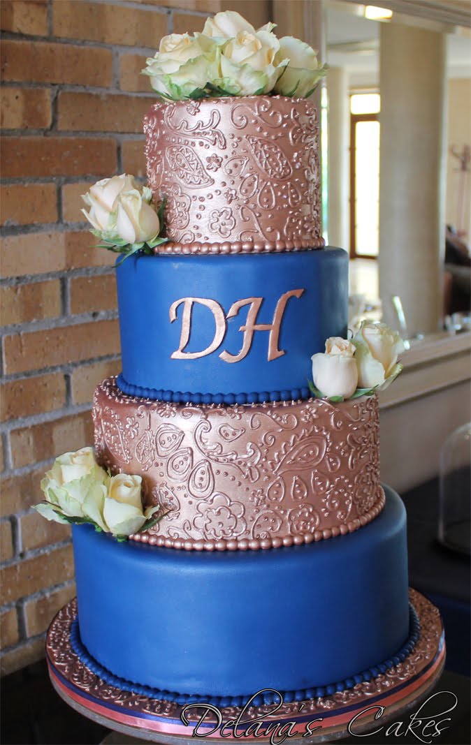 Delana s Cakes  Rose  Gold  and Blue Paisley piping Wedding  Cake 