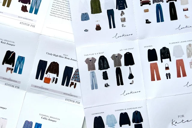 Example sheets from Lookiero and Stitch Fix showing styling suggests for the items sent