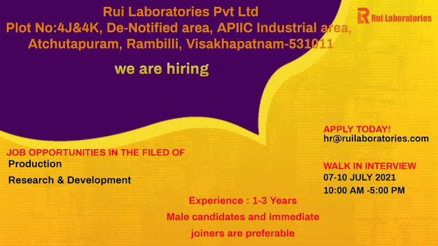 Job Availables, RUI Laboratories Pvt. Ltd Walk-In Interviews for Production / R&D Departments