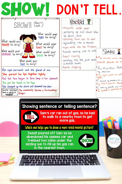 Show Don't Tell Anchor Chart! Teach your students to write sentences that SHOW the reader how a character is feeling. Don't just tell them in a direct way. This blog post contains a complete writing lesson and the printables you'll need to create the anchor chart and replicate the activities! Teaching students how to replace telling sentences with showing sentences is an important step in developing young writers.