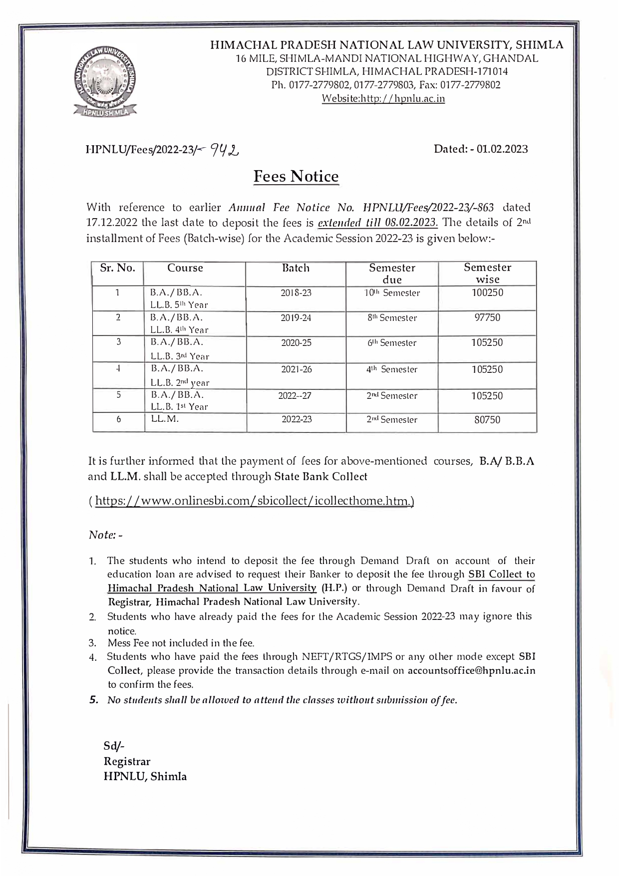 Notice for Fees date Extended till 08.02.2023 :-HPNLU Shimla