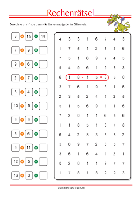 Matheaufgaben für 1. Klasse Grundschule Gemischte Aufgaben