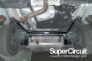 Proton X50 rear lower chassis with the SUPERCIRCUIT Rear Lower Bar & Rear Anti-roll Bar installed.