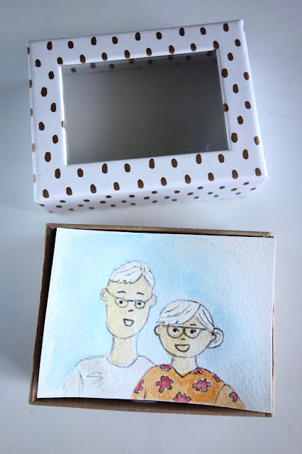 blah to TADA, sketch, watercolor, watercolor painting, people sketches, watercolor portraits, portraits, caricature, portrait in a box, uses for an empty box, National Grandparents Day