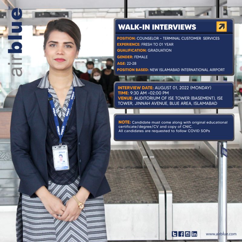 AirBlue Airline Walk-in-interview For Counselor- Terminal Customer Service