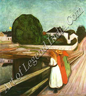 Girls on the jetty (1899), Munch repeated this composition numerous times in various mediums. In it he evokes the quiet mood of a clear mid-summer night, using subtle shades which contrast with the brightly coloured figures on the jetty. 