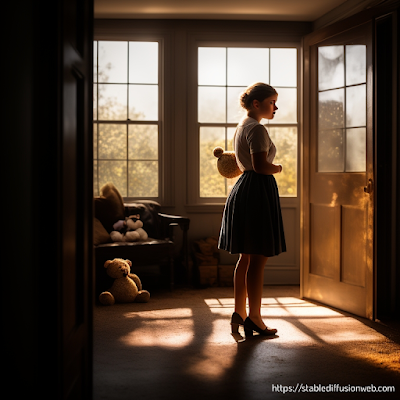 A dimly lit room with a single window, casting a soft beam of light on a young girl huddled in a corner. Her face reflects both fear and determination as she clutches a worn-out teddy bear. The room is filled with old furniture and a tattered family portrait hangs crookedly on the wall, capturing a moment frozen in time. Through the cracked door, a stern figure looms, casting a long shadow that engulfs the scene and symbolizes the girl's controlling father.