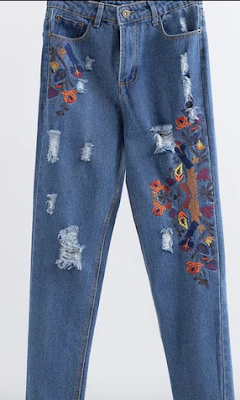 Blue-Embroidery-Ripped-Raw-Hem-Jeans