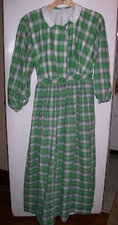 Green plaid dress, bishop sleeve, gauged skirt, gathered bodice.