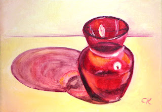 Connie Kleinjans: Original oil painting, Red Glass Vase, 5x7