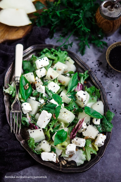 feta, salatka, melon, przekaska, bernika, sałata, kulinarny pamietnik