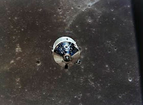 The Lunar Module Eagle ascending from the surface of the Moon to re-unite with the Command Module Columbia