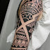 Blackwork sleeve tattoo, including cover-up