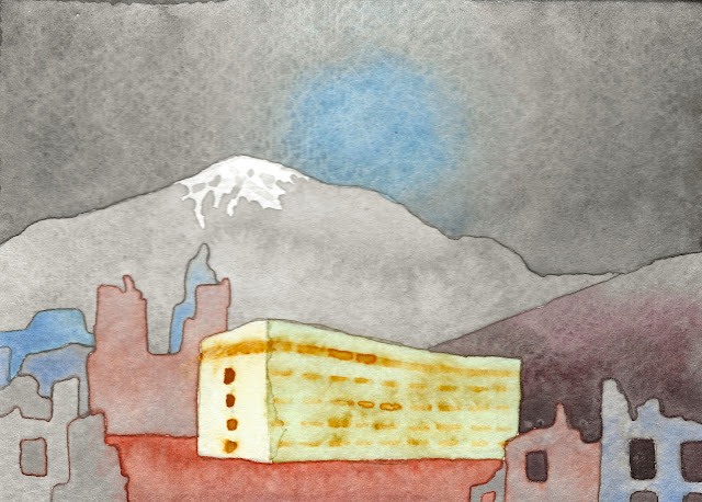Paisaje en ruinas pintado con acuarela. En medio de las ruinas, un edificio alargado permanece entero. En el fondo, una montaña con nieve.