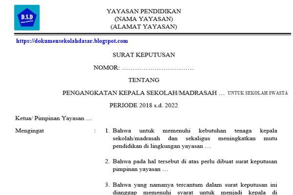 contoh sk (surat keputusan) pengangkatan kepala-sekolah/madrasah swasta dari pimpinan yayasan