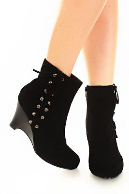 Black Faux Suede Lace Up Wedge Ankle Booties Boots