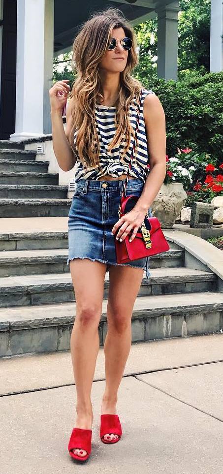 ootd top + denim skirt + bag