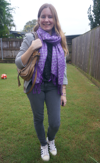 grey blazer and purple scarf with black jeans and adidas Superstar sneakers | awayfromblue