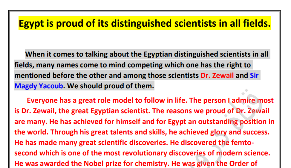 مقال انجليزى من امتحان المعاصرعلى الوحدتين (1-2)عن(Egypt is proud of its distinguished scientists in all fields)اهداء مستر احمد العبد