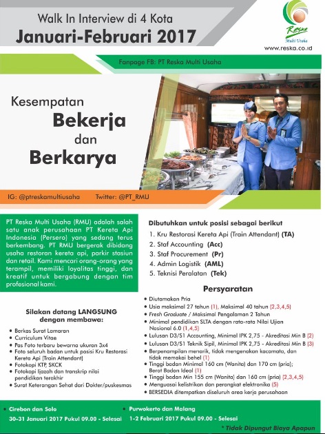 Rekrutmen Besar-Besaran PT Reska Multi Usaha (Kereta Api 