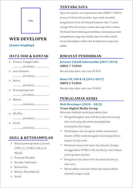 contoh 1 daftar riwayat hidup Web Developer yang punya pengalaman kerja (experience)