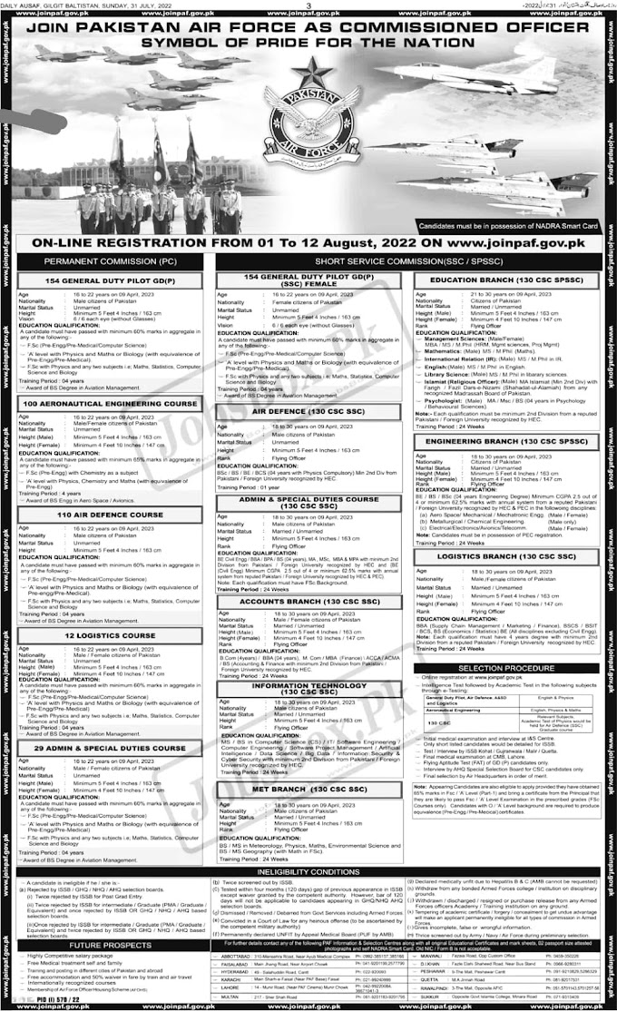 Pakistan Air Force PAF Jobs 2022 || Online Apply