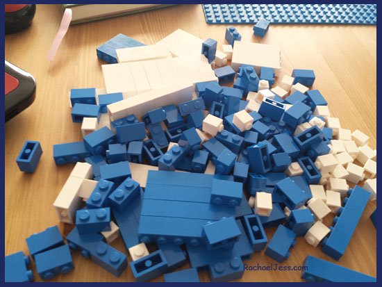 Selecting Blue and White Lego pieces to make a Father's Day Gift