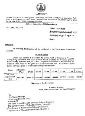 RTE-க்காக அரசால் நிர்ணயம் செய்யப்பட்ட ஒரு மாணவனுக்கான செலவு ( Per Child Cost) தொடர்பாக அரசாணை வெளியீடு!