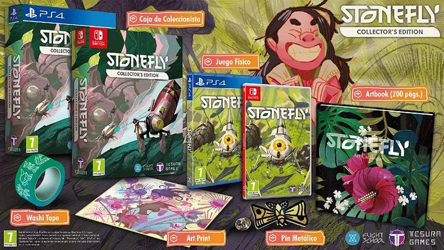 Montage showing the items that come with the Stonefly Collector's Edition for Nintendo Switch and PS4