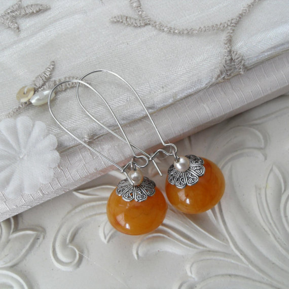 Vintage Orange Amber Lucite Bead Dangle Earrings Sweet Honey