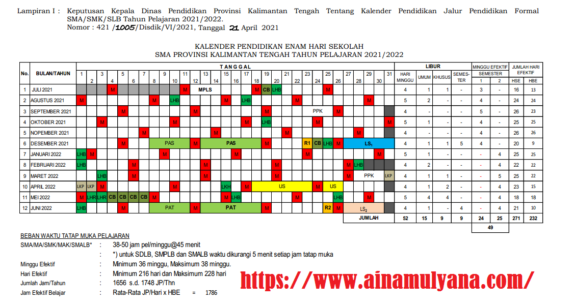 Kalender Pendidikan Provinsi Kalimantan Tengah Tahun Pelajaran 2021/2022