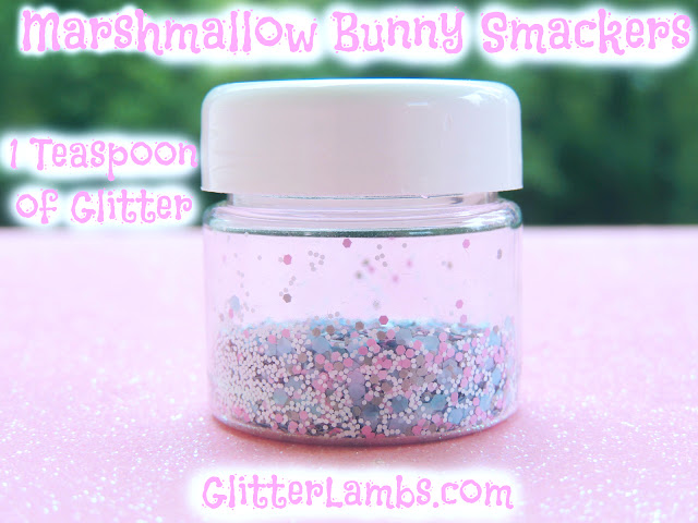 Glitter Lambs "Marshmallow Bunny Smackers" loose glitter mix has an assorted mix of gray hex glitters, light pink hex, light blue hex and tiny white hex.