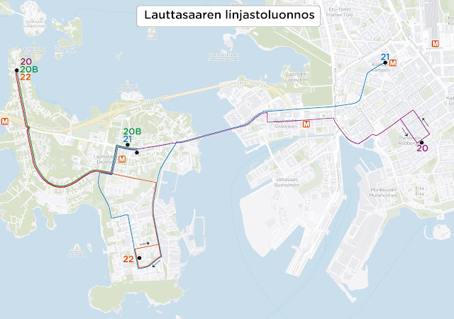 Lauttasaaren linjastoluonnoksen linjat. Linja 20 kulkee Katajaharjusta Isokaaren kautta Lauttasaaren metroasemalle ja siitä Ruoholahteen ja Punavuoreen. Linja 20B kulkee Katajaharjusta Isokaaren kautta Lauttasaaren metroasemalle. Linja 21 kulkee Lauttasaaren metroasemalta Vattuniemeen, josta Meripuistotietä pitkin Ruoholahteen ja Kampin terminaaliin. Linja 22 kulkee Katajaharjusta Isokaaren kautta Vattuniemeen.