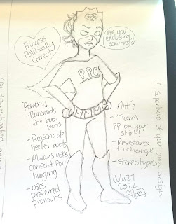 A pencil drawing in a sketchbook of a female superhero called Princess Politically Correct.