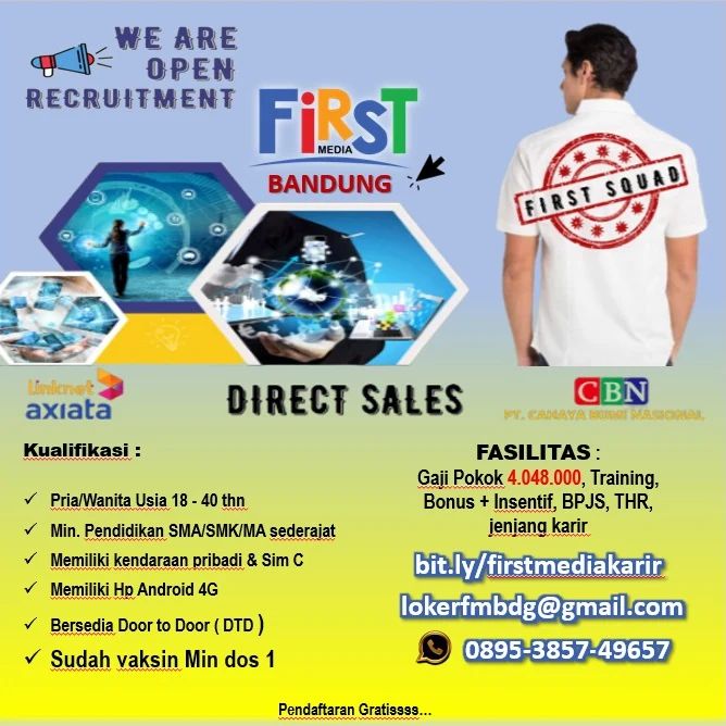 Lowongan Kerja Direct Sales First Media PT.CBN Bandung Januari 2024