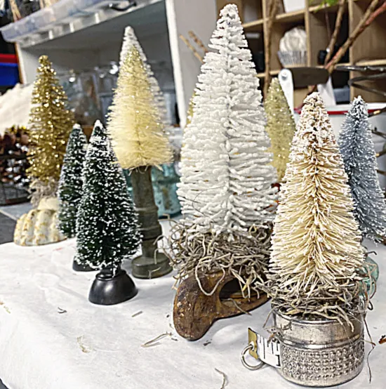 bottle brush trees lined up on workbench