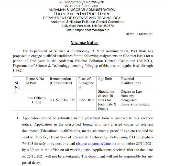 Law Officer at Dept of Science & Technology - last date 25/10/2021