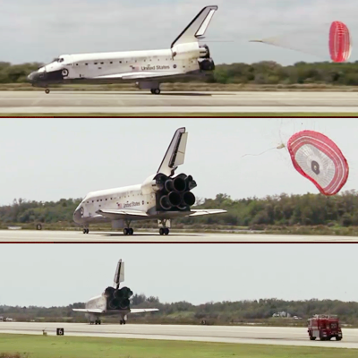 Shuttle Discovery: The pilot deploys a chute just before the front gear touches the runway to help stop the vehicle. NASA, 2011.