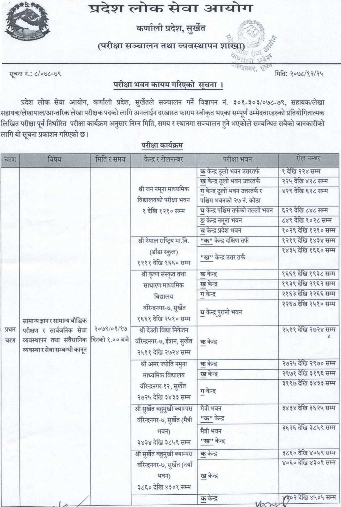 Karnali Pradesh Lok Sewa 5th Level Assistant Written Exam Center