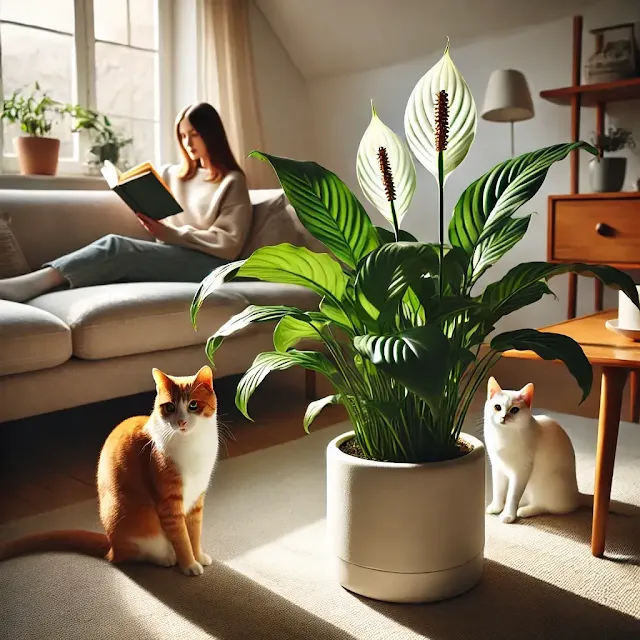 A cozy living room featuring a lush peace lily plant, a white and orange cat sitting nearby, and a woman reading on a couch.