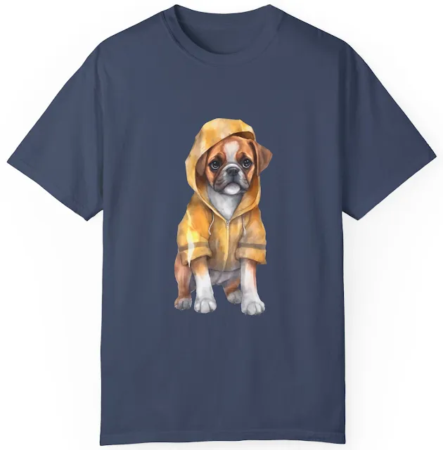 Unisex Comfort Colors T-Shirt With Graphic of Cute Boxer Dog Wearing Raincoat