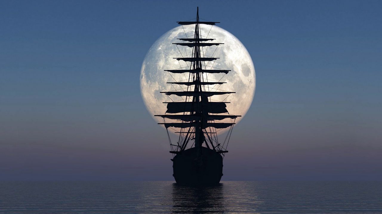 Wallpaper Ship Sea Sunset Moon