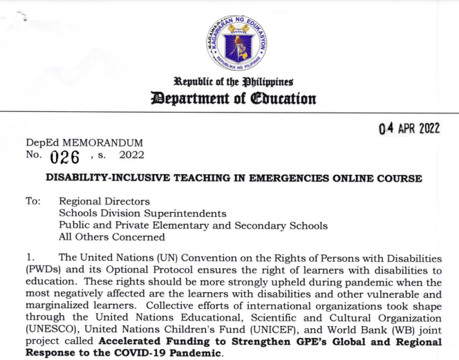 DepEd Memo No. 026 series 2022 | Free Online Course - Training for Teachers on Disability-Inclusive Teaching in Emergencies | How to Enroll