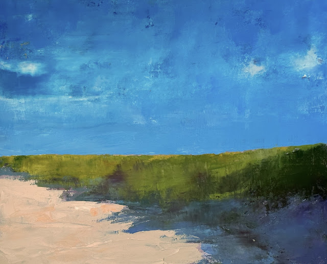 Steve Allrich painting of seaside dunes under a dramatic blue summer sky