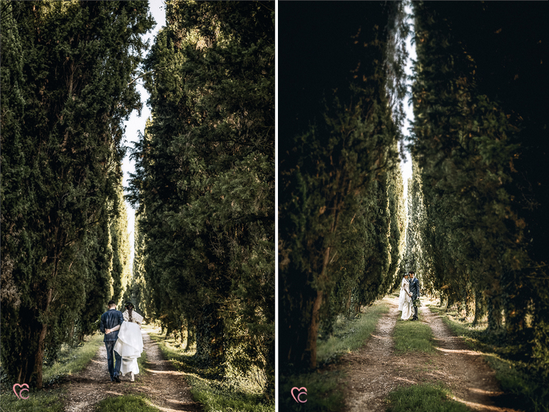 Winter elopement a Chieri in Italian un bosco di cipressi, boho bride