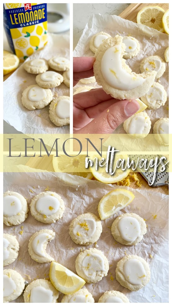 A collage of lemon meltaway cookies on parchment paper, next to AE Dairy Lemonade and fresh lemon slices.