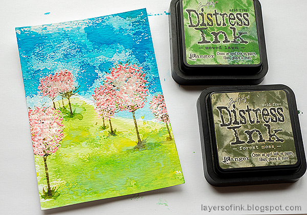 Layers of ink - Cherry Blossom Tree Tutorial by Anna-Karin Evaldsson. With Simon Says Stamp All Seasons Tree stamp set. Shade the tree trunks.
