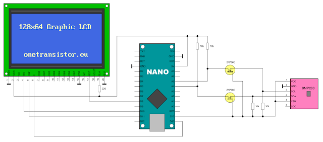 Connections of BMP280 to Arduino with level shifter and display